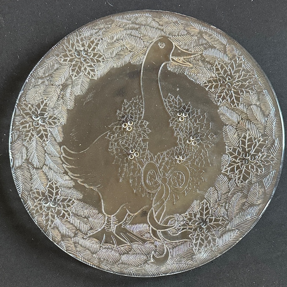Glass Holiday Decorative Plate with Goose and Holly Design. Vintage